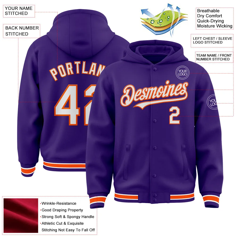 Custom Purple White-Orange Bomber Full-Snap Varsity Letterman Hoodie Jacket