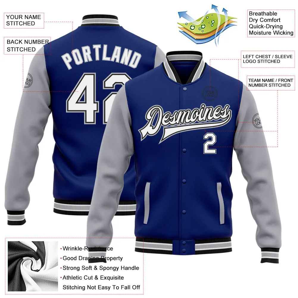 Custom Royal White Black-Gray Bomber Full-Snap Varsity Letterman Two Tone Jacket