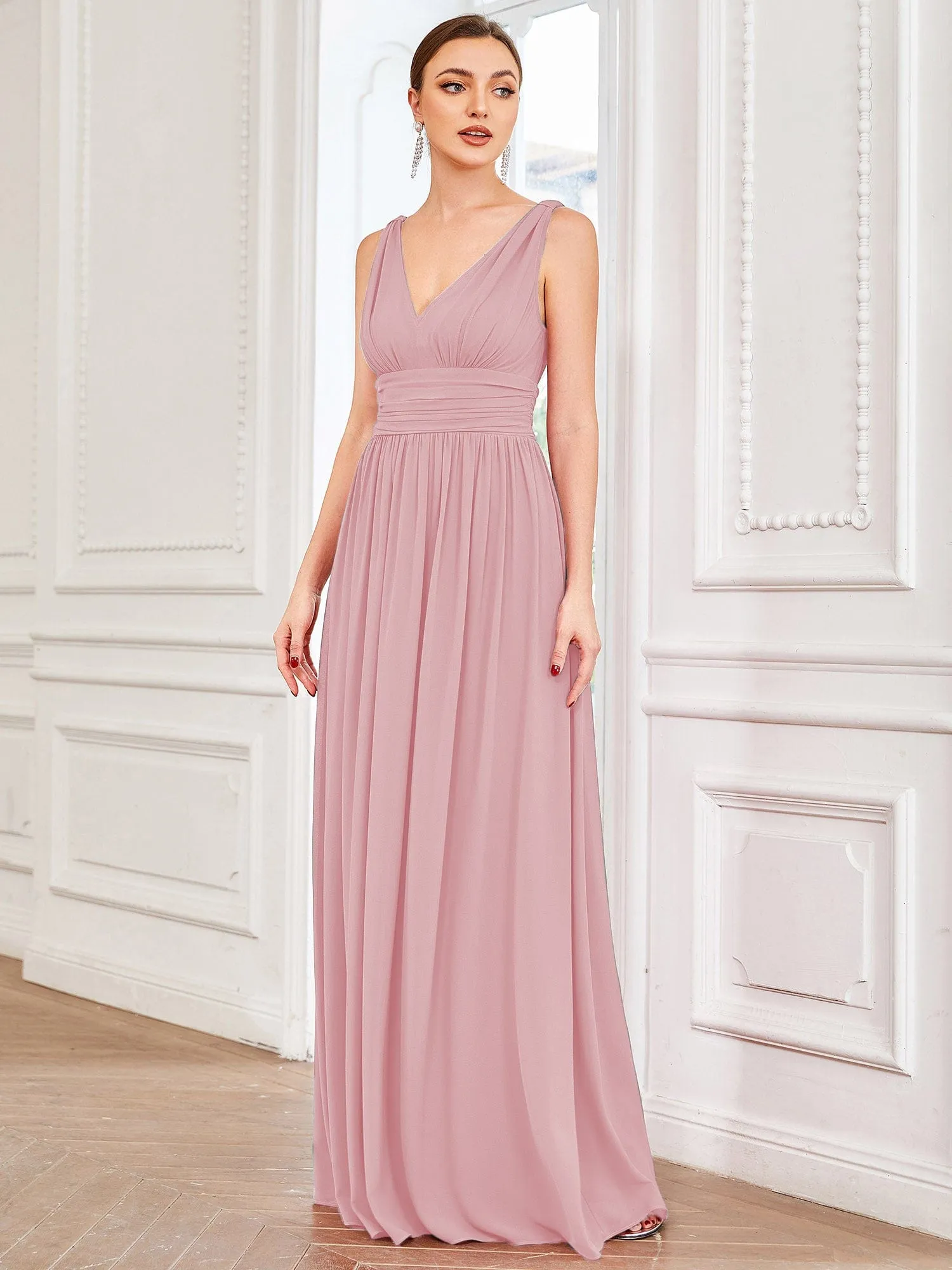 Custom Size Chiffon Sleeveless V-Neck Maxi Bridesmaid Dress