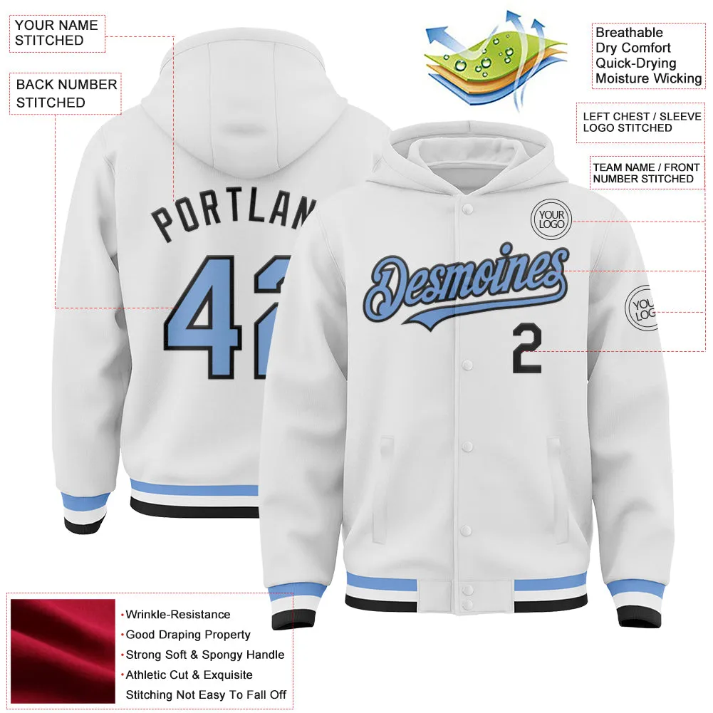 Custom White Light Blue-Black Bomber Full-Snap Varsity Letterman Hoodie Jacket