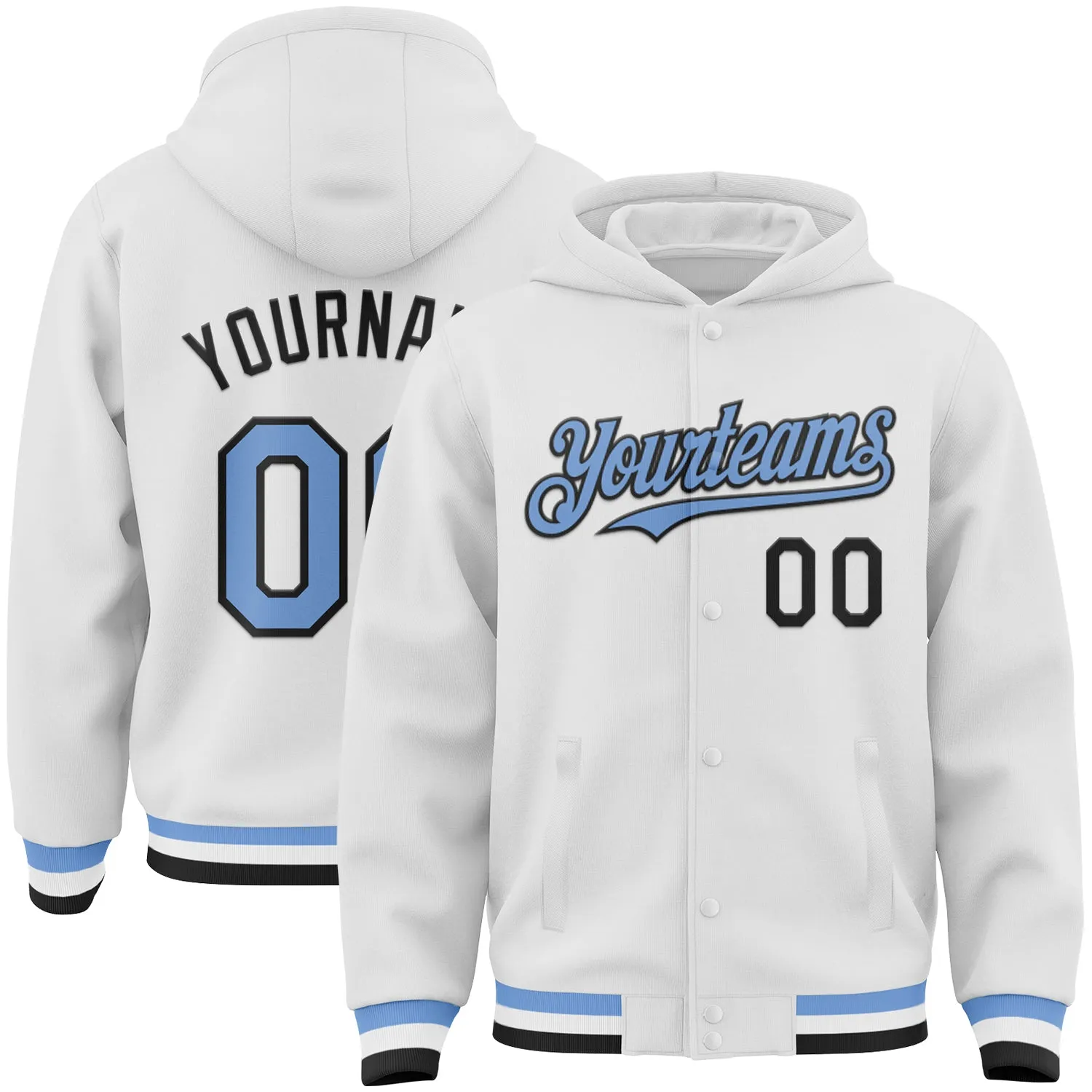 Custom White Light Blue-Black Bomber Full-Snap Varsity Letterman Hoodie Jacket