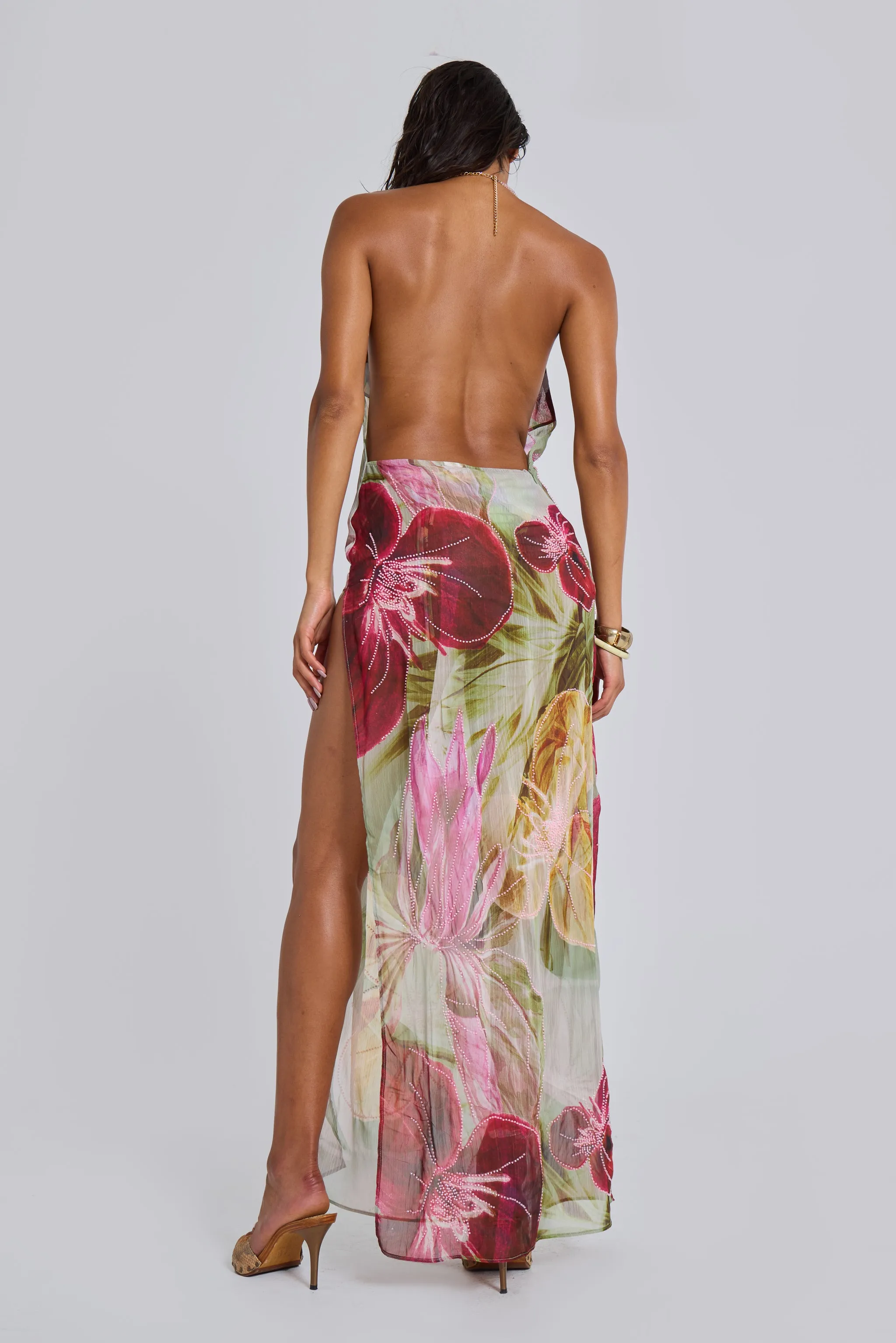 Dahlia Hand-Beaded Backless Chiffon Maxi Dress