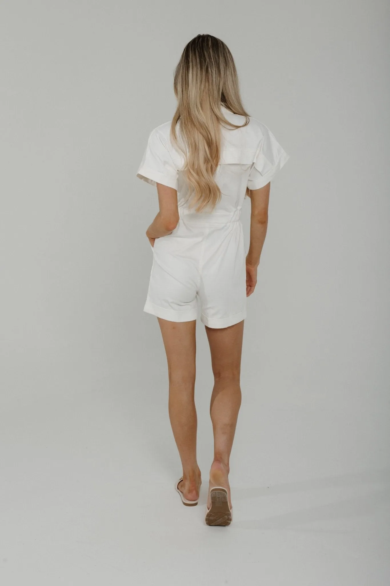 Daisy Button Front Playsuit In White