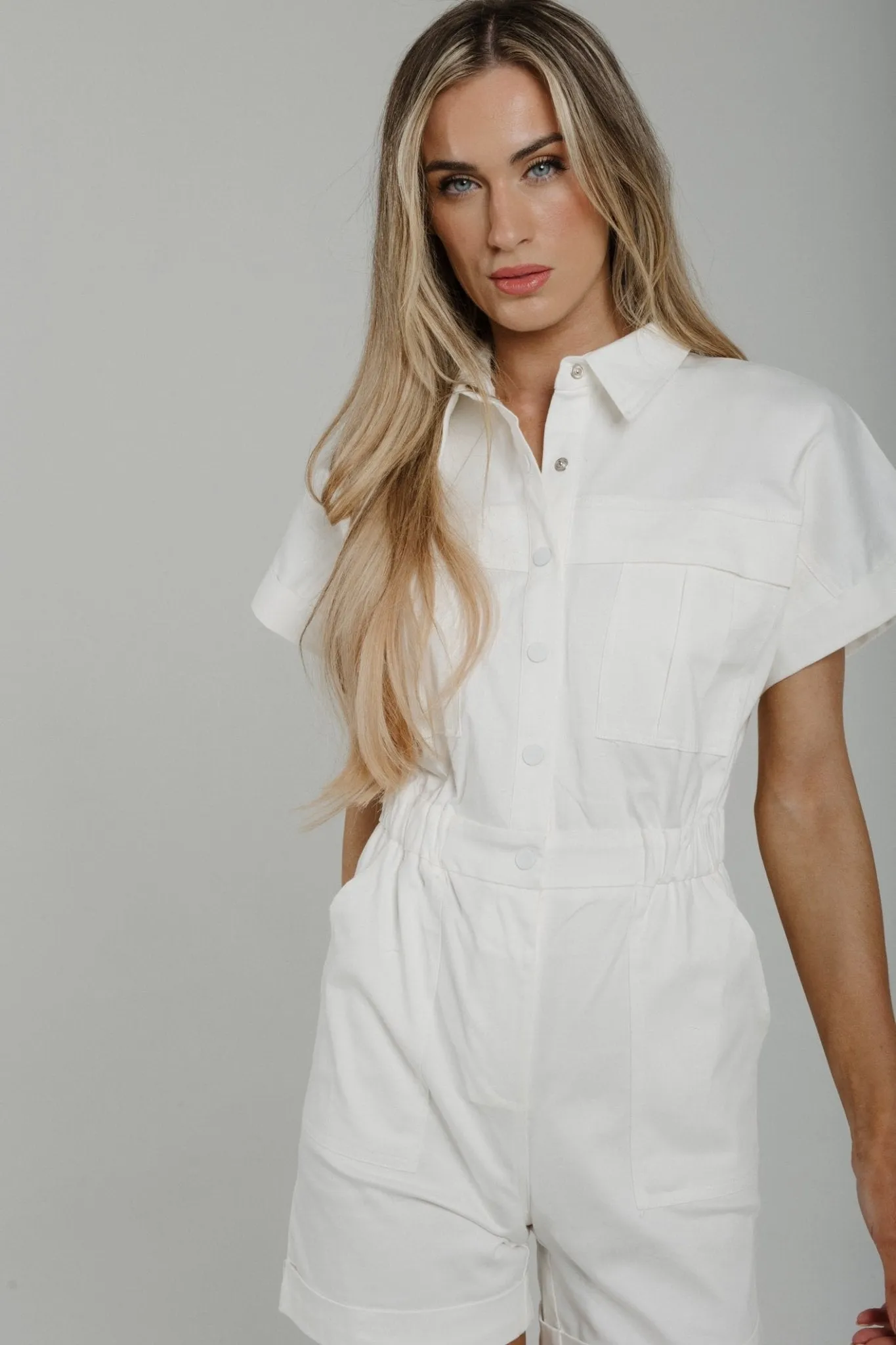 Daisy Button Front Playsuit In White