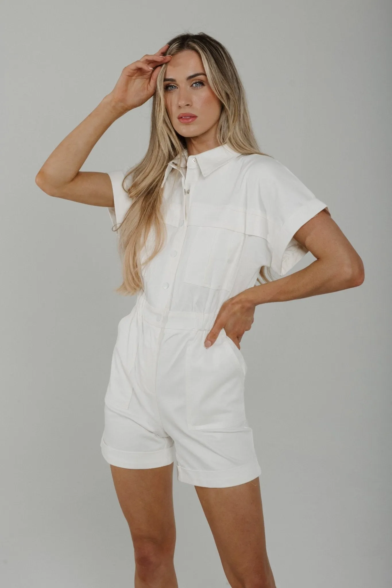 Daisy Button Front Playsuit In White