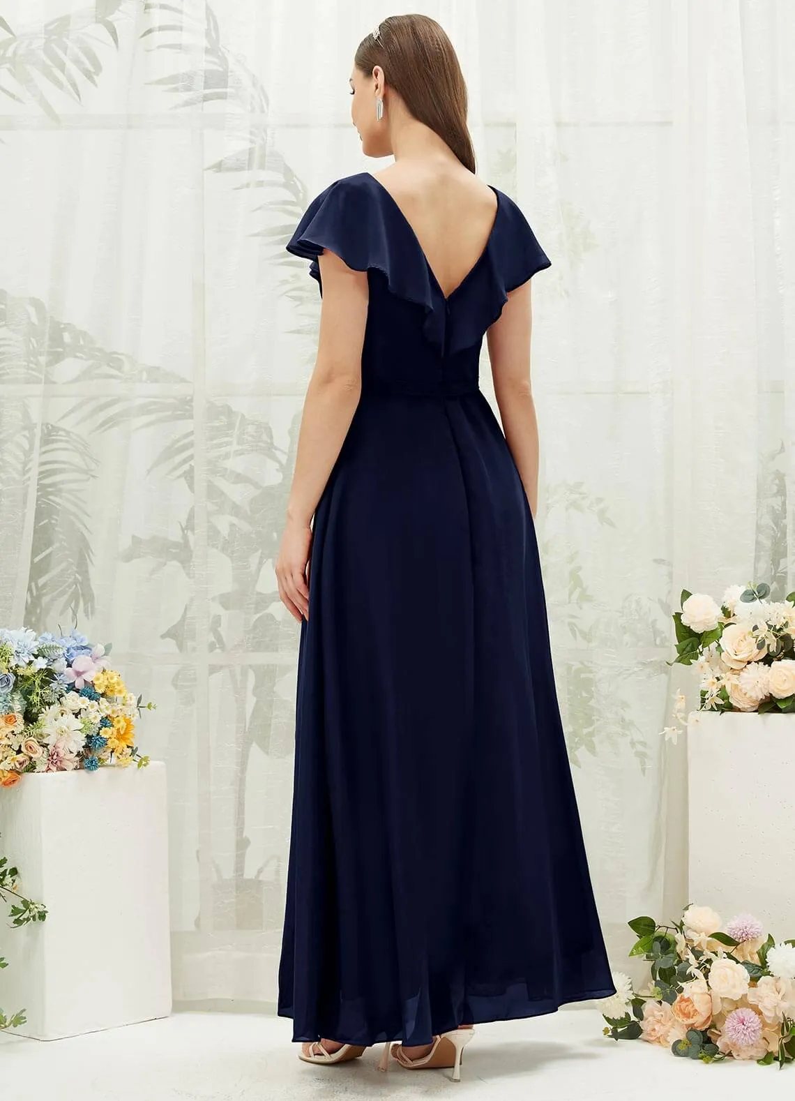 Dark Navy Chiffon Ruffle Sleeve V-Neck Slit Maxi Bridesmaid Dress