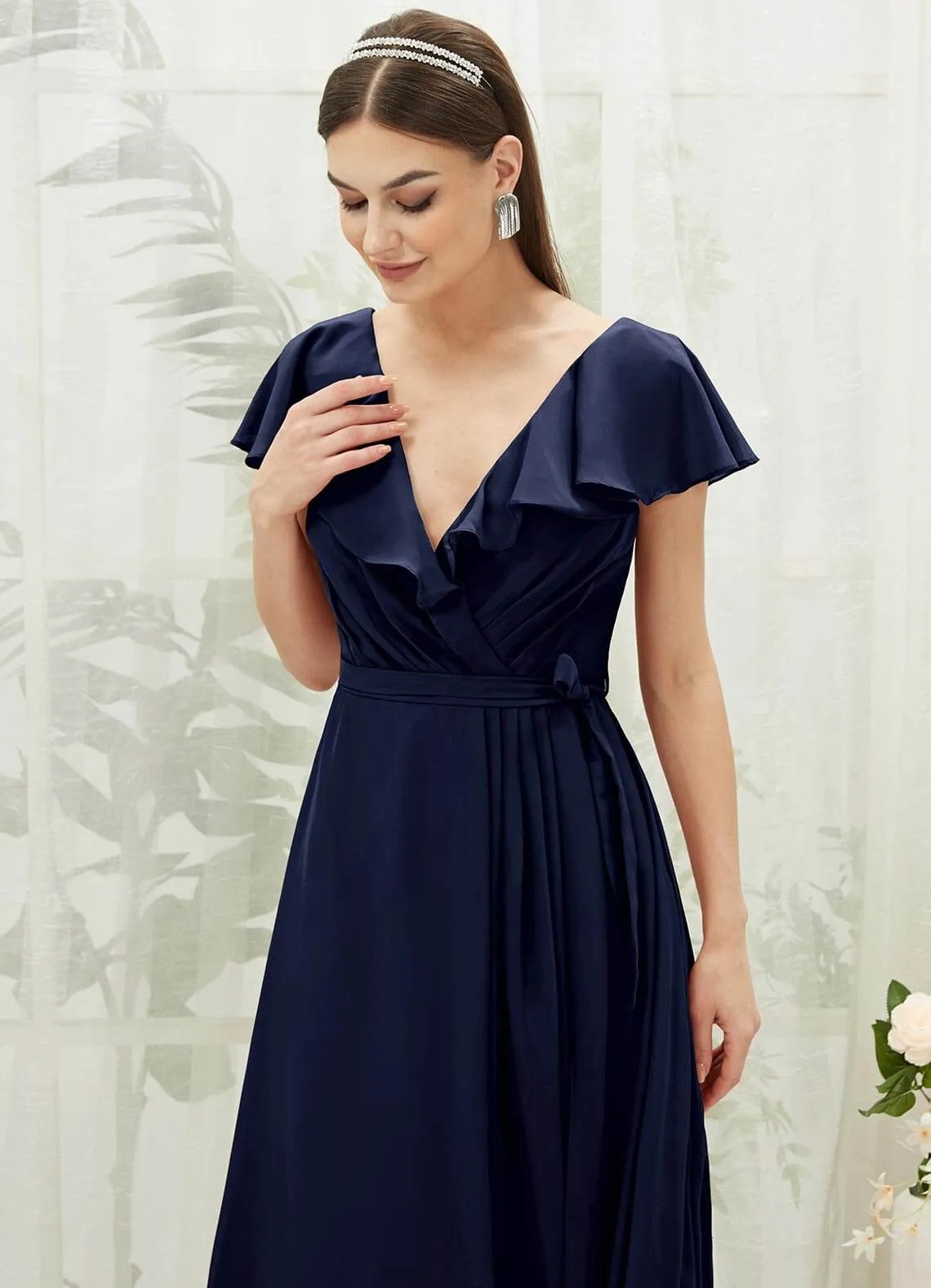 Dark Navy Chiffon Ruffle Sleeve V-Neck Slit Maxi Bridesmaid Dress