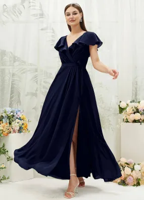 Dark Navy Chiffon Ruffle Sleeve V-Neck Slit Maxi Bridesmaid Dress