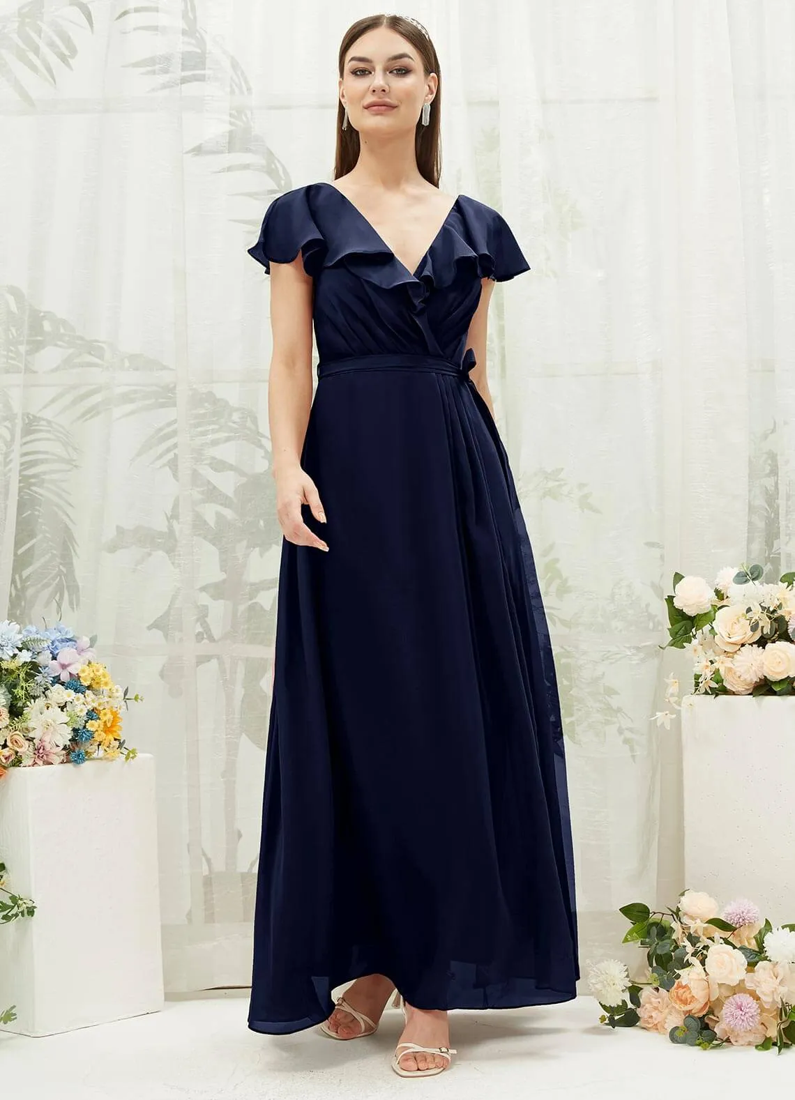 Dark Navy Chiffon Ruffle Sleeve V-Neck Slit Maxi Bridesmaid Dress