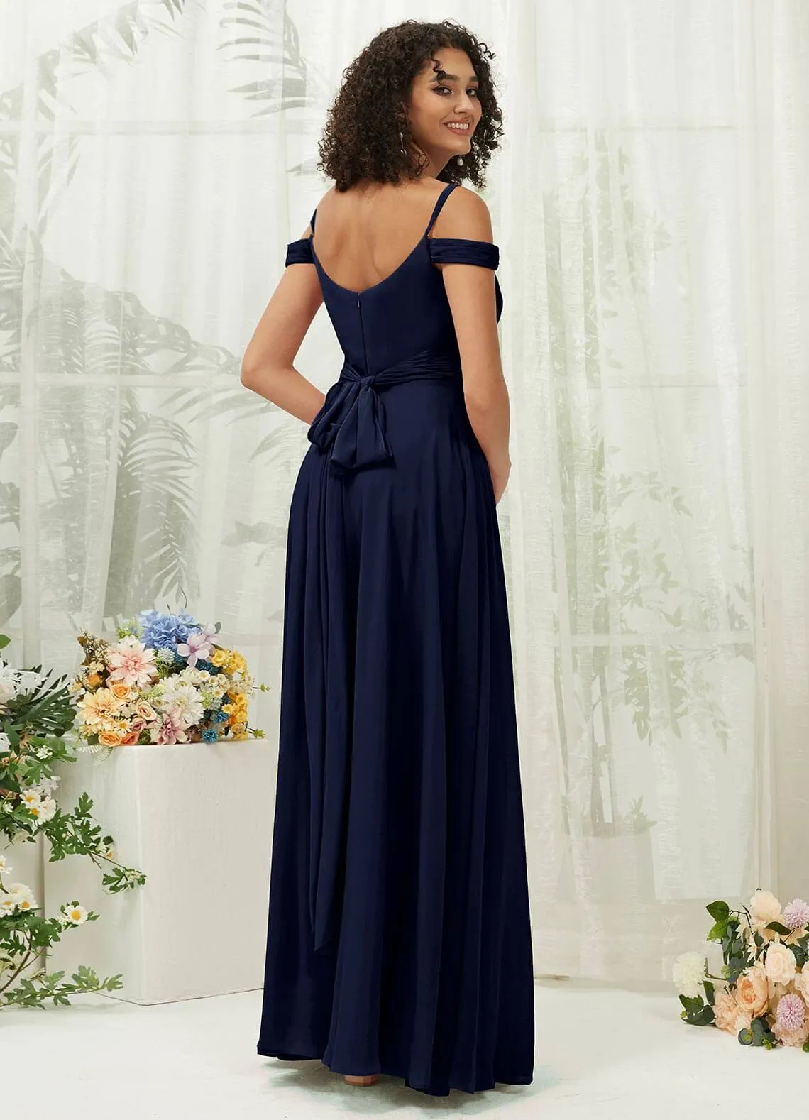 Dark Navy Sweetheart Chiffon Convertible Bridesmaid Dress Pocket