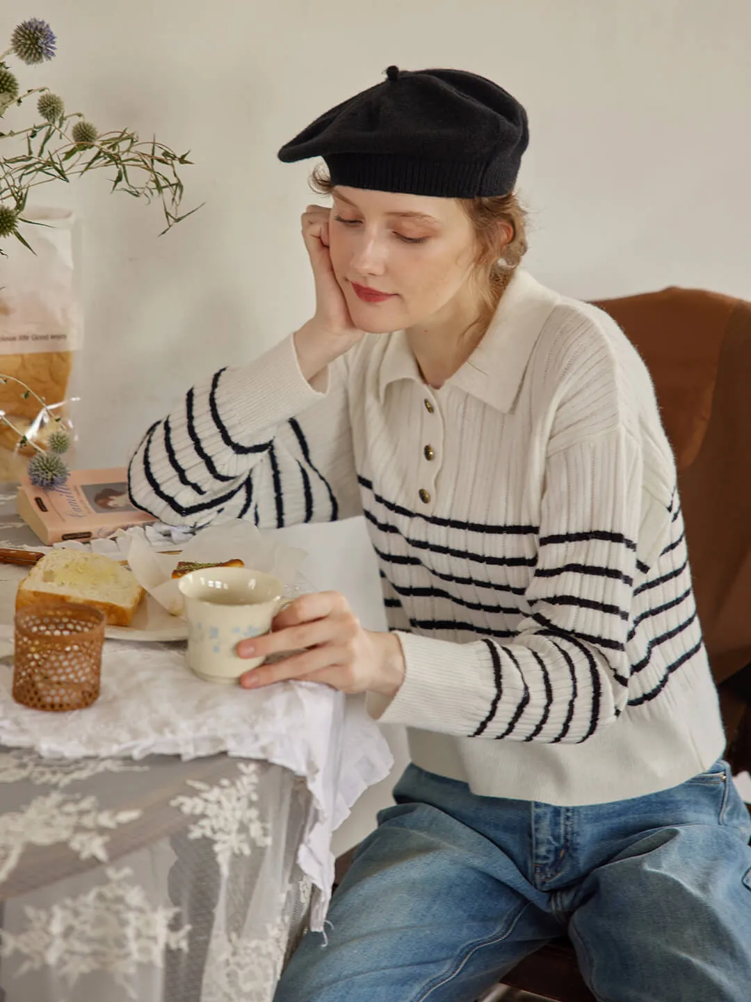 Davian Striped White Polo Knit Top