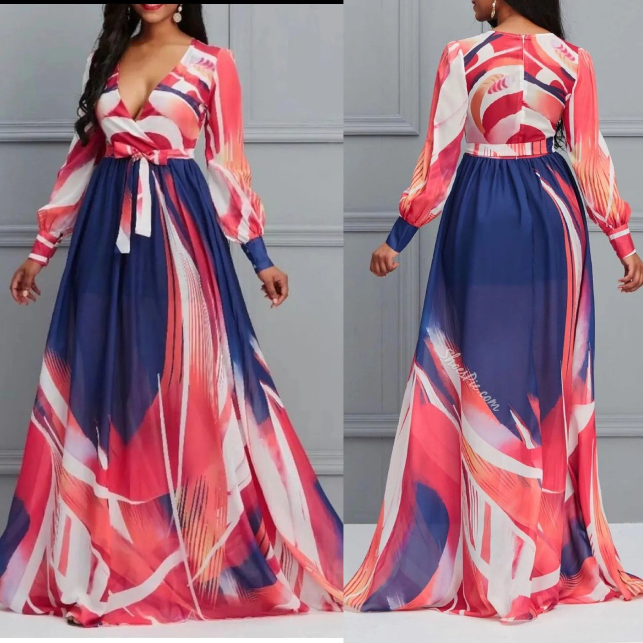 Deep V-Neck Chiffon Maxi Dress