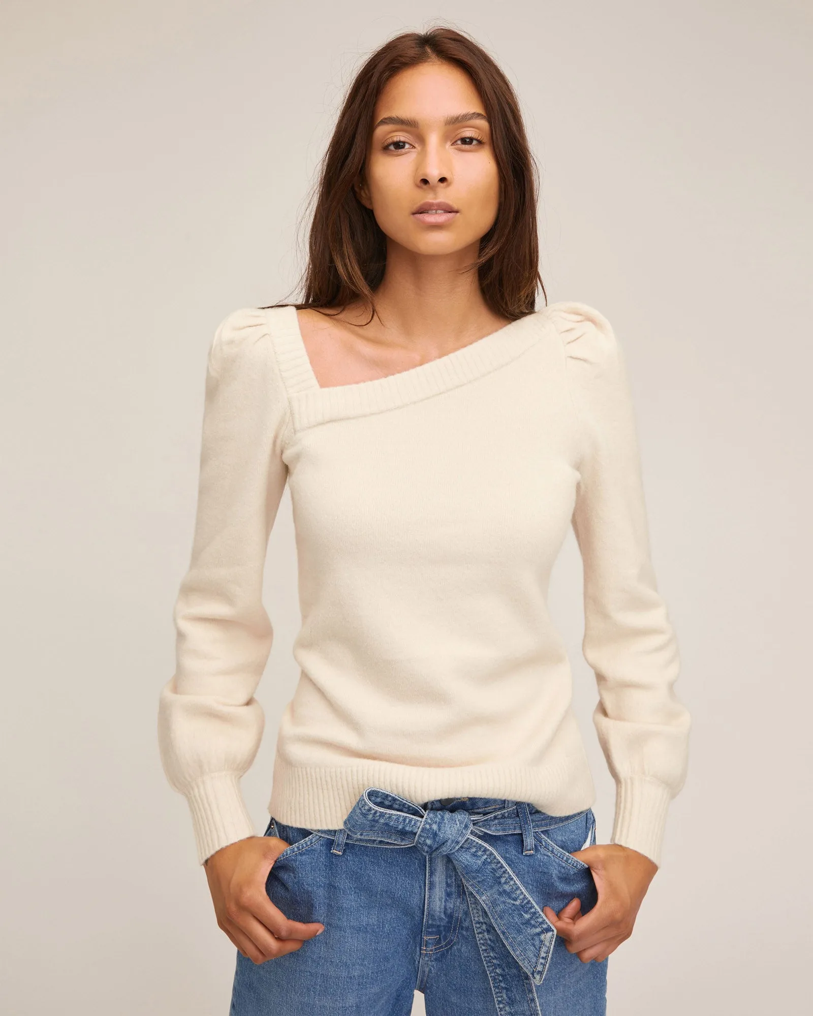 Dixie Asymmetrical Puff Sleeve Sweater in Snow