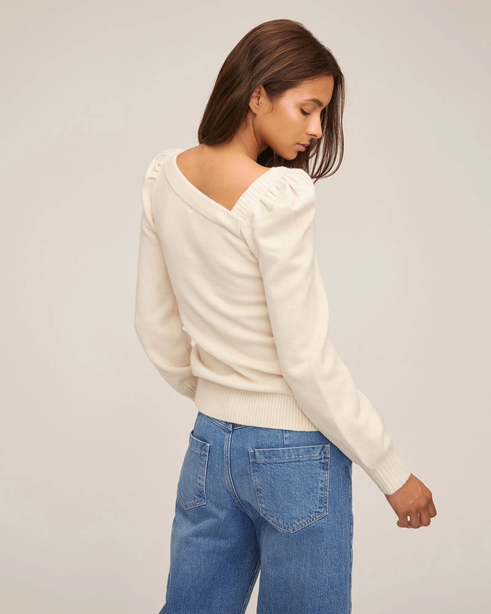 Dixie Asymmetrical Puff Sleeve Sweater in Snow