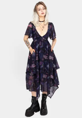 Dragonfly Floral Print Chiffon Handkerchief Hem Dress