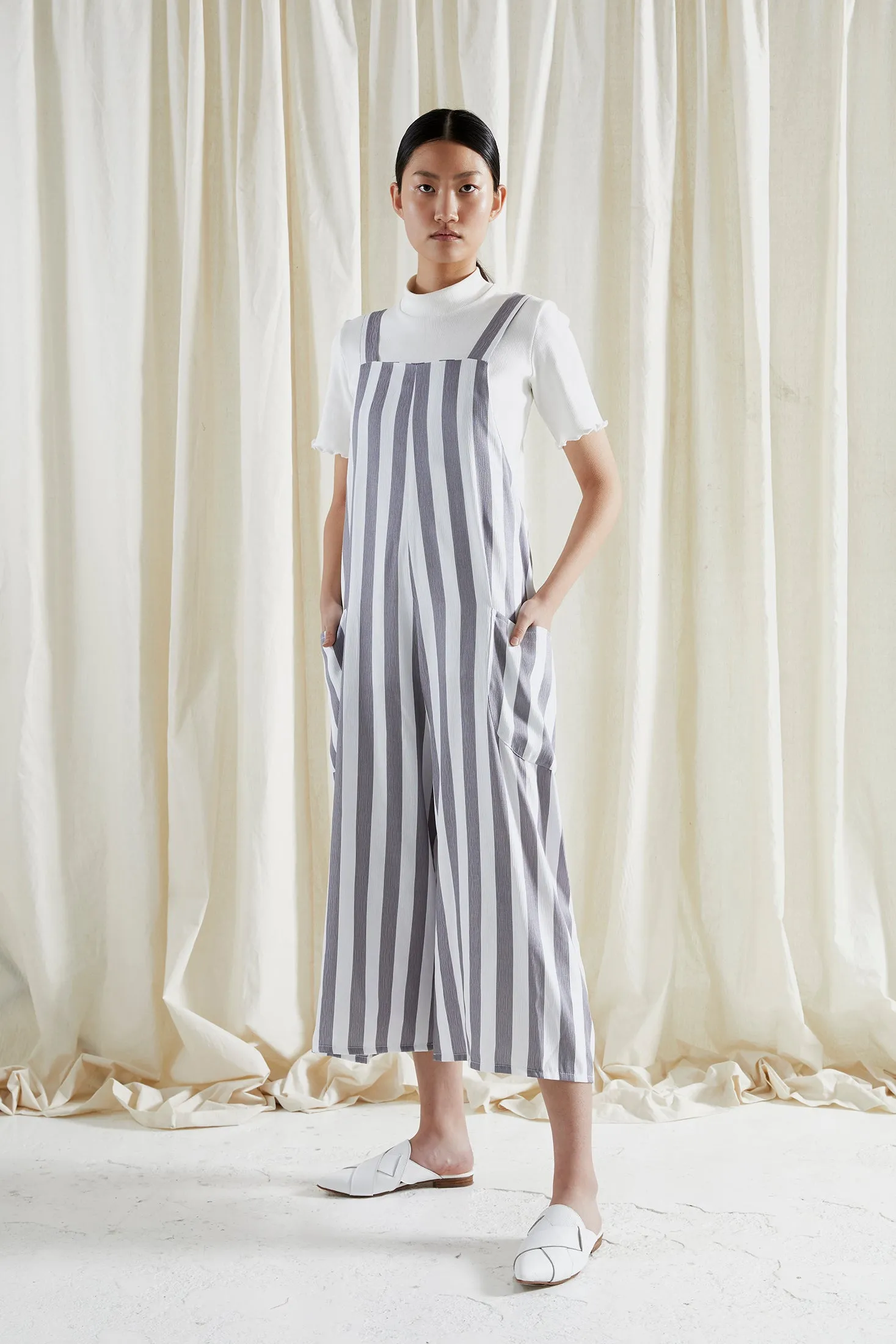 EDEN JUMPSUIT ~ NEUTRAL [ Grey & White Striped Overalls ]