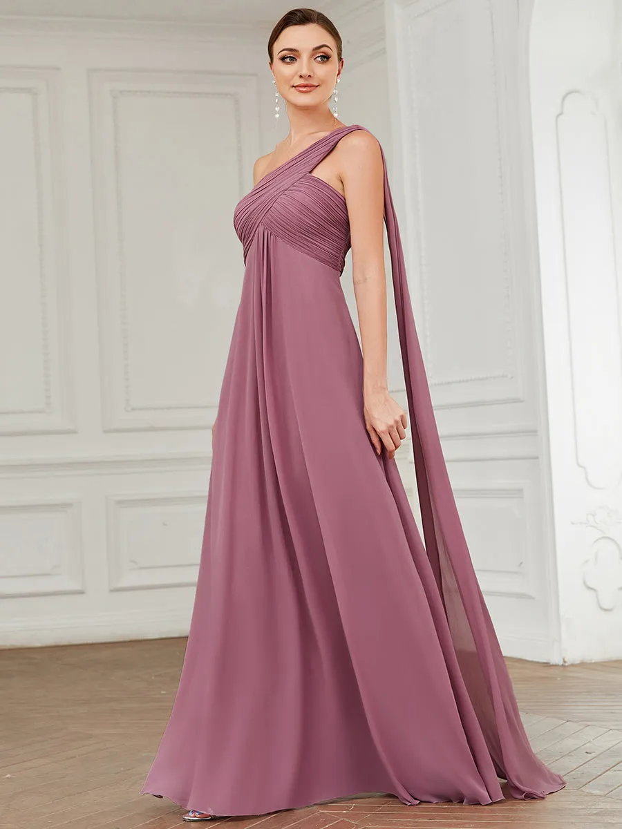 Elegant Pleated A-Line Floor Length One Shoulder Sleeveless Wholesale Bridesmaids Dress