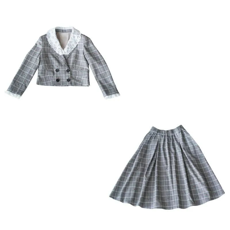 Elise Dress Sets Women Preppy Style Elegant Plaid Short Coat Pleated Skirt Embroidery Flowers Lace Women's formal outfits