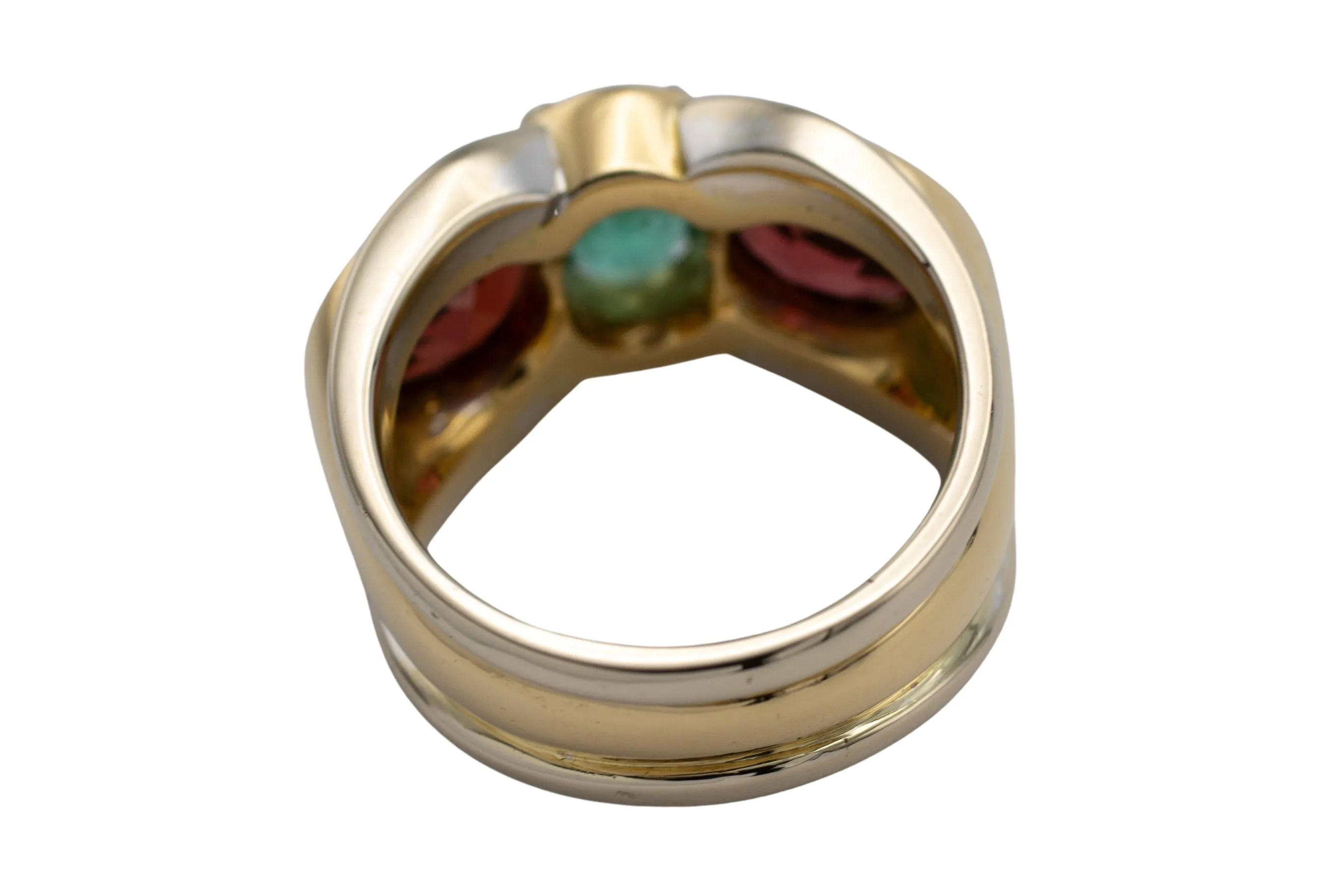 Emerald and garnet ring in 18 carat gold