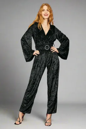 Faux Wrap Long Sleeve Jumpsuit With Diamante in Black Velvet | Ariana