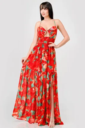 FLORAL CHIFFON SMOCKED WAIST LACE BACK MAXI DRESS