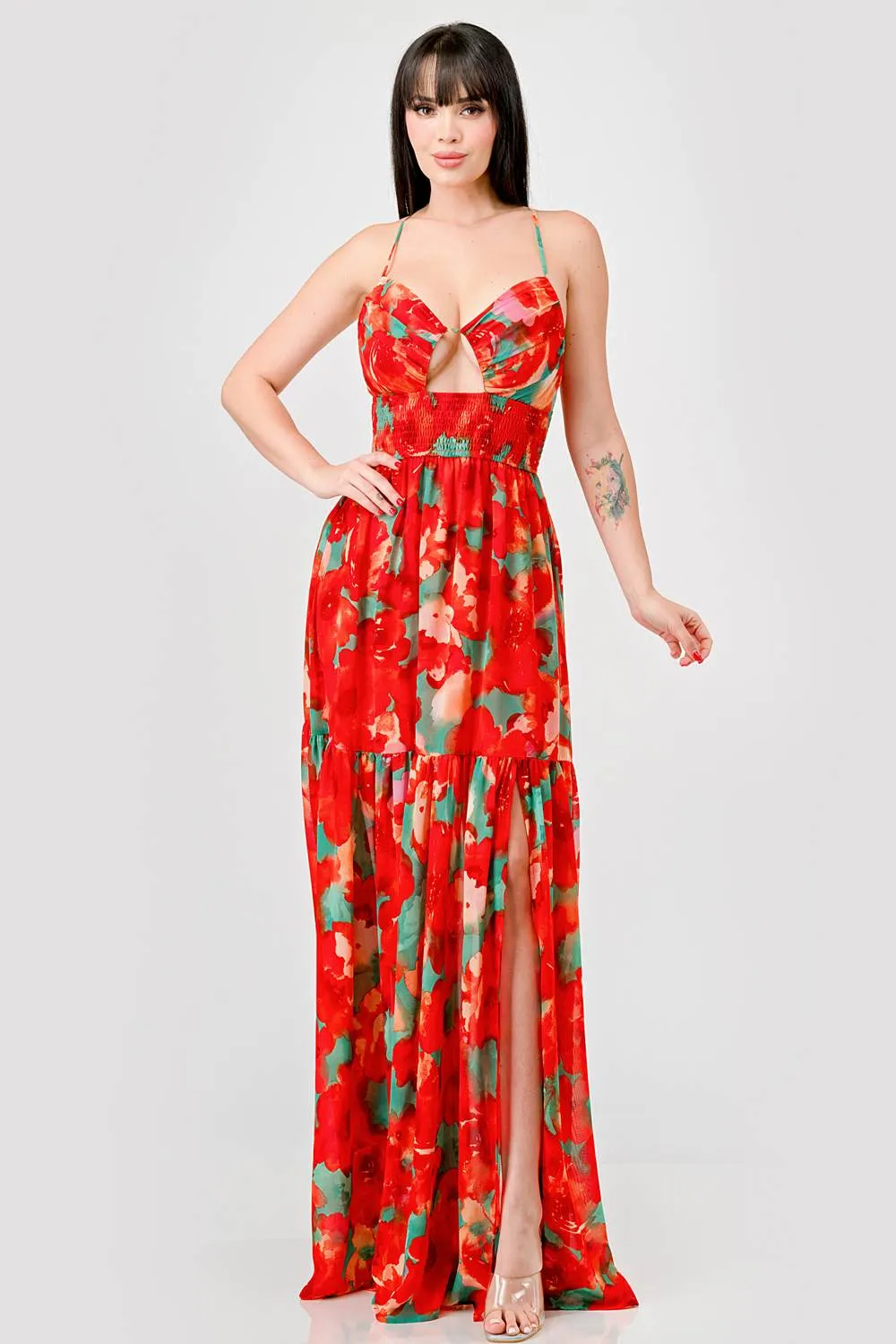 FLORAL CHIFFON SMOCKED WAIST LACE BACK MAXI DRESS