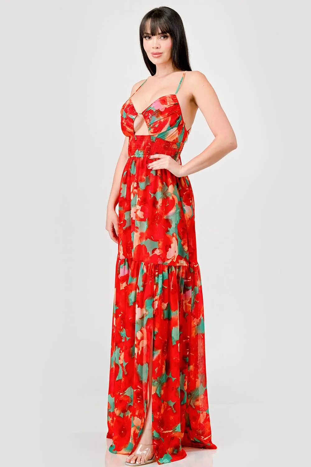 FLORAL CHIFFON SMOCKED WAIST LACE BACK MAXI DRESS