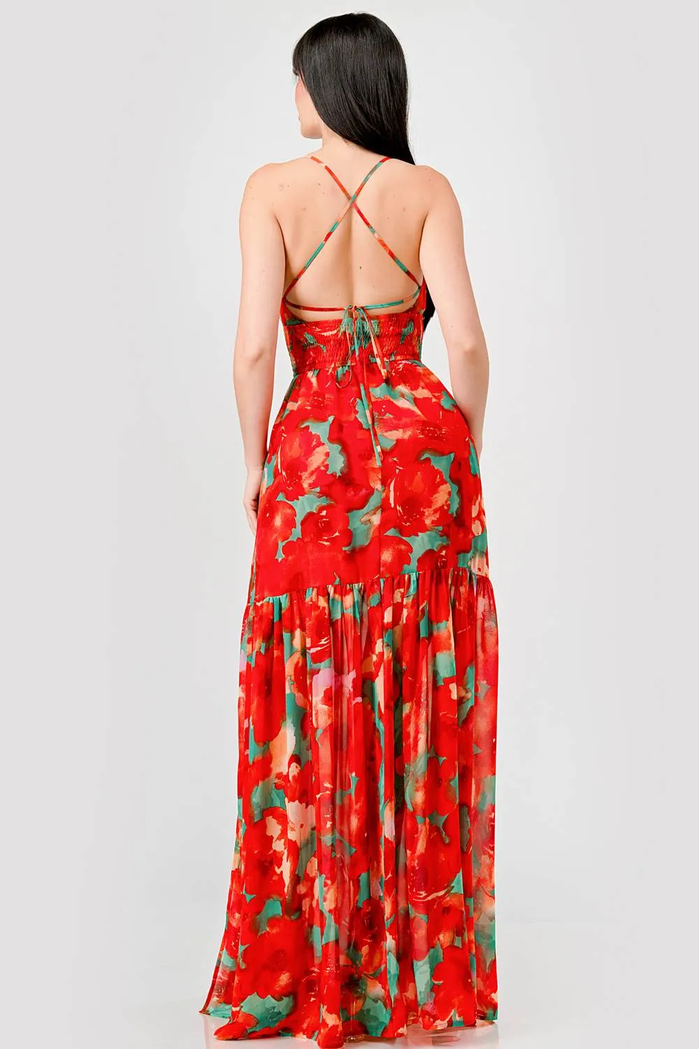 FLORAL CHIFFON SMOCKED WAIST LACE BACK MAXI DRESS