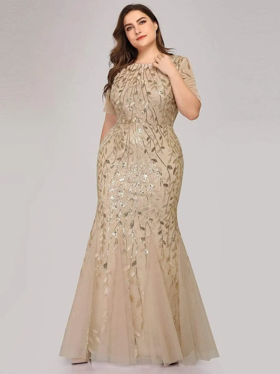 Floral Sequin Print Plus Size Mermaid Tulle Evening Dress