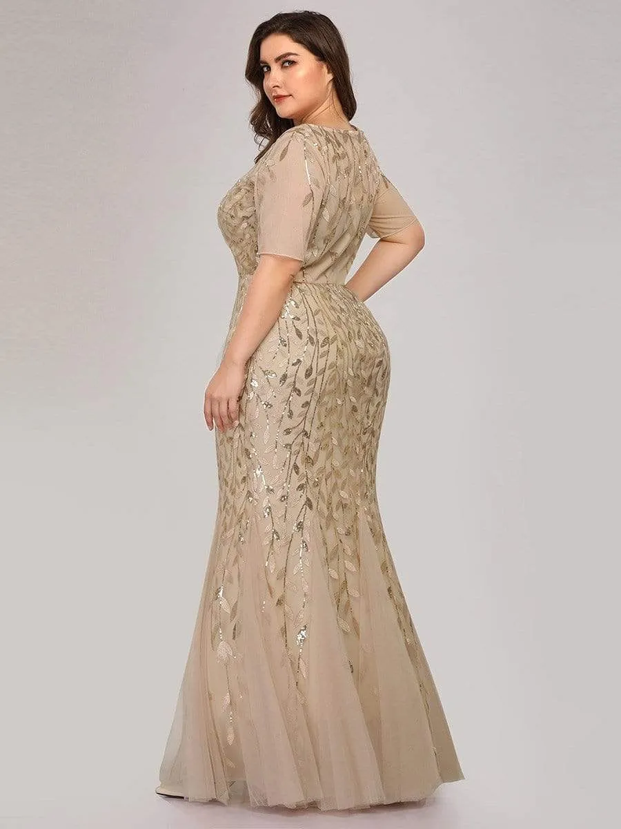 Floral Sequin Print Plus Size Mermaid Tulle Evening Dress