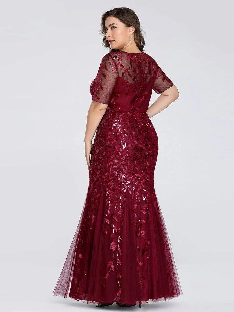 Floral Sequin Print Plus Size Mermaid Tulle Evening Dress