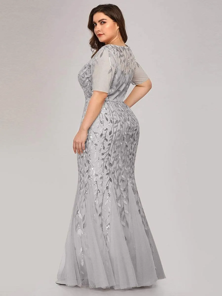 Floral Sequin Print Plus Size Mermaid Tulle Evening Dress