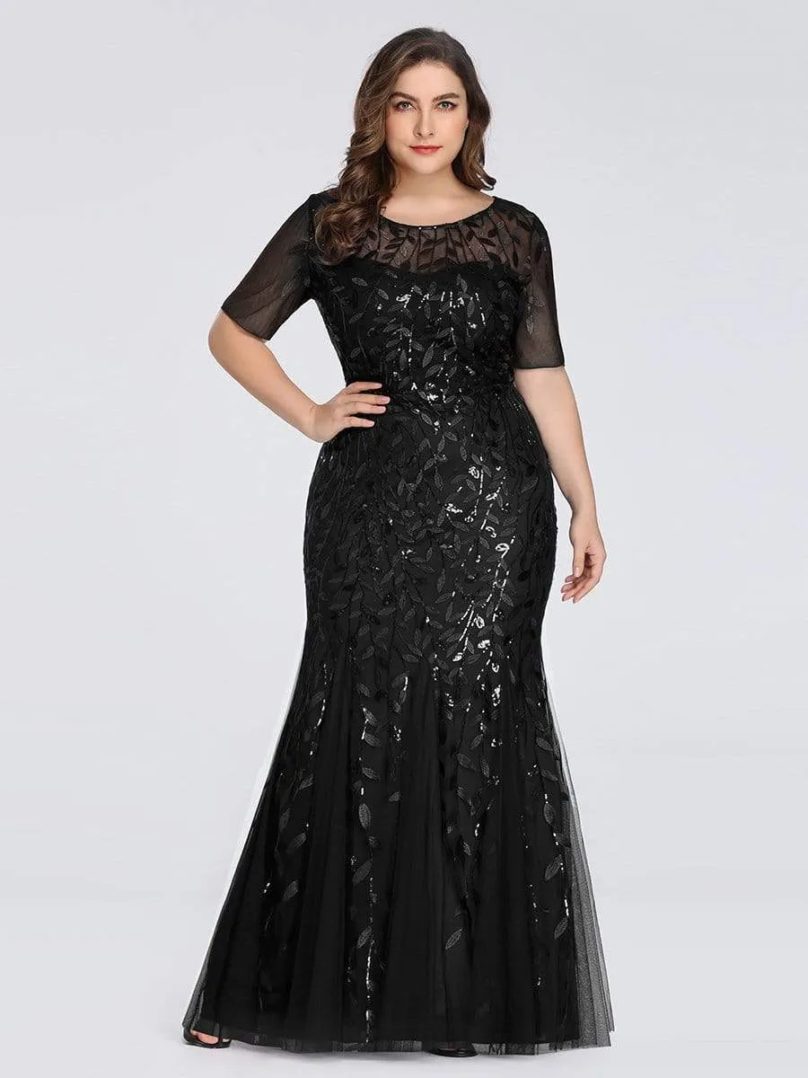 Floral Sequin Print Plus Size Mermaid Tulle Evening Dress