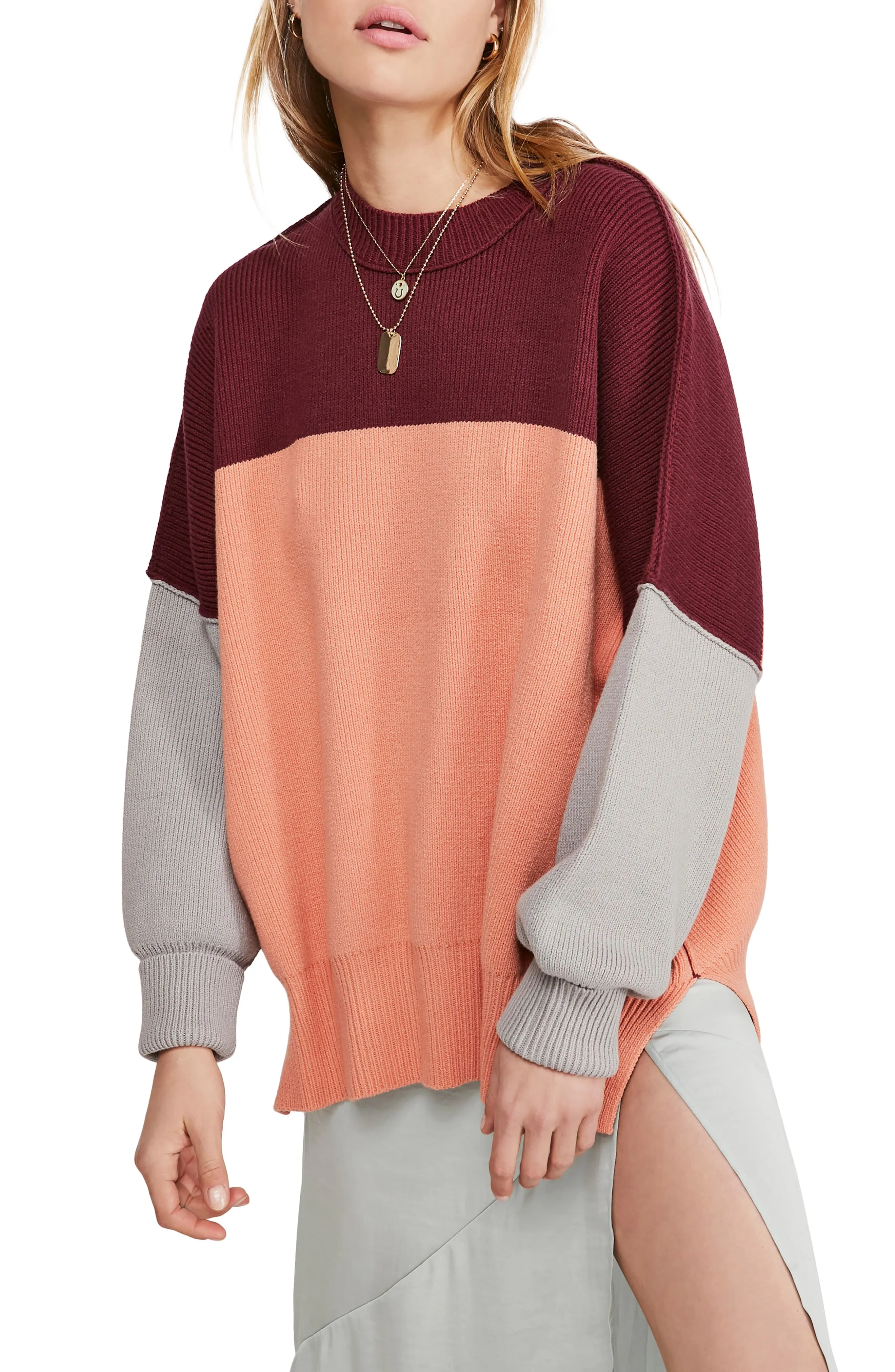 Free People Womens Maroon Color Block Long Sleeve Crew Neck T-Shirt, Size M