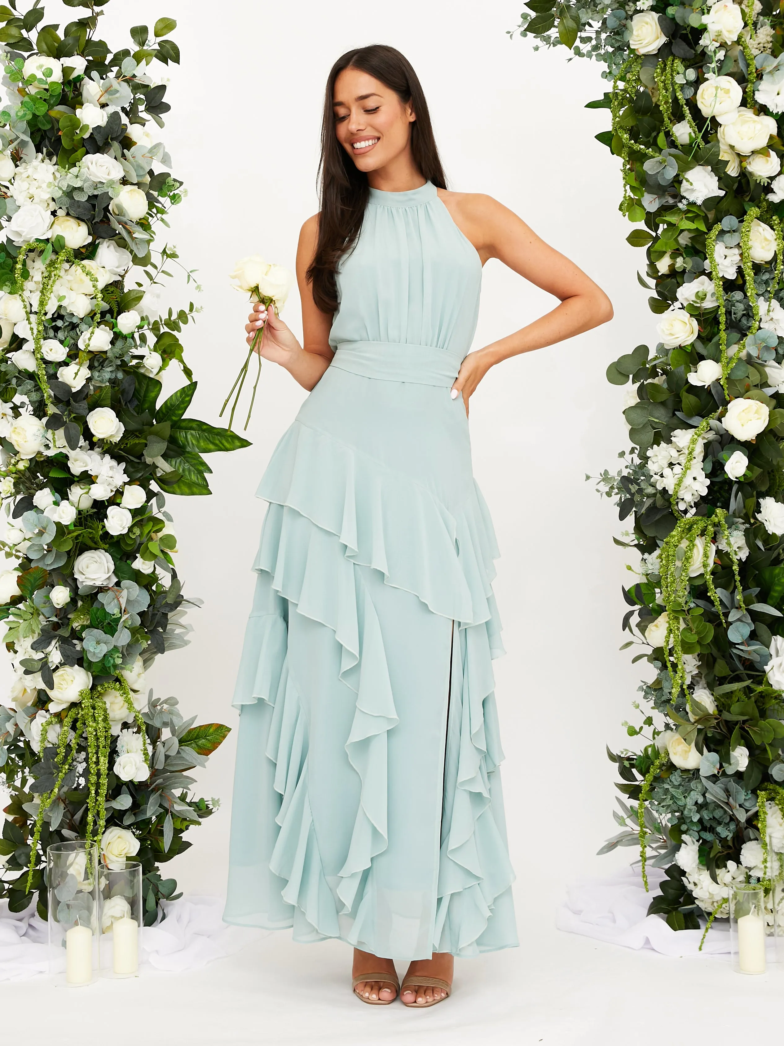 Frill High Neck Maxi Chiffon Dress / Sage