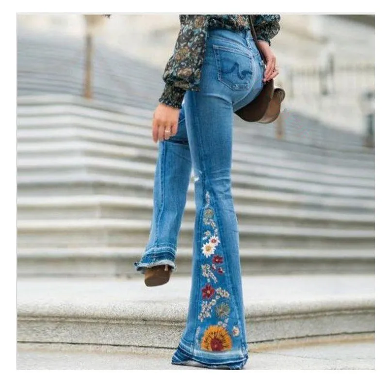 Funki Buys | Pants | Women's Boho Hippy Embroidered Jeans