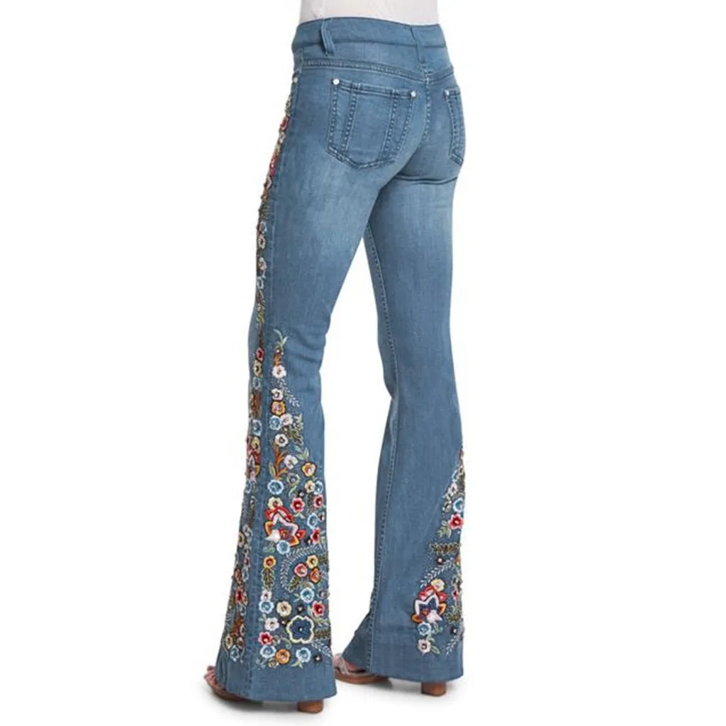 Funki Buys | Pants | Women's Boho Hippy Flared Flower Jeans