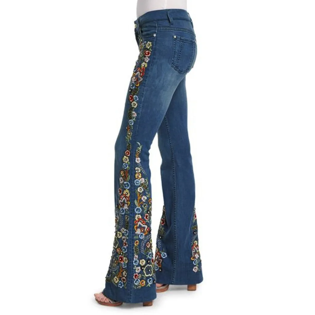 Funki Buys | Pants | Women's Boho Hippy Flared Flower Jeans