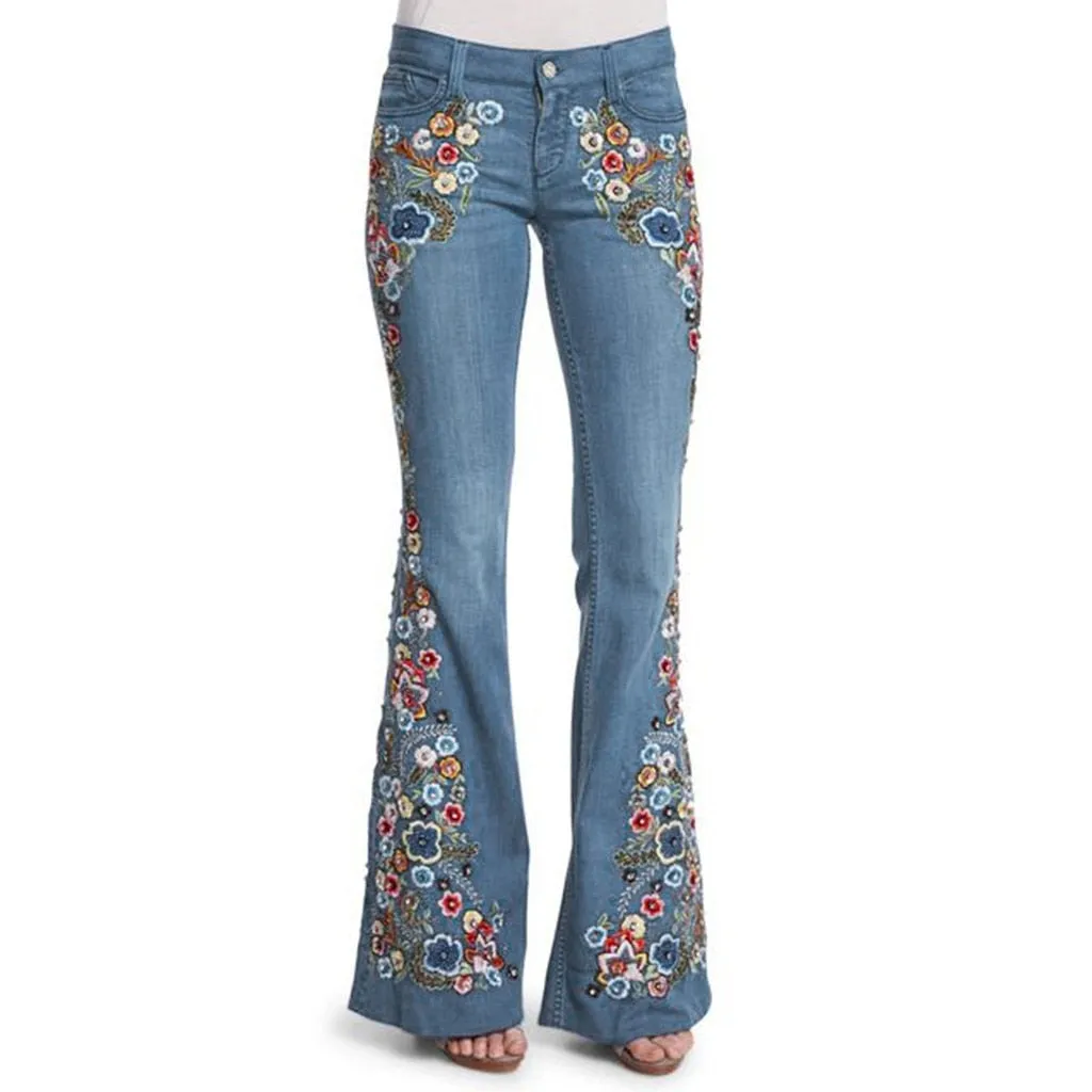 Funki Buys | Pants | Women's Boho Hippy Flared Flower Jeans