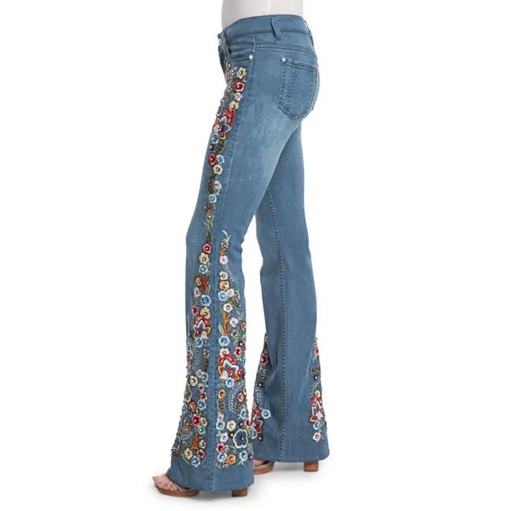 Funki Buys | Pants | Women's Boho Hippy Flared Flower Jeans