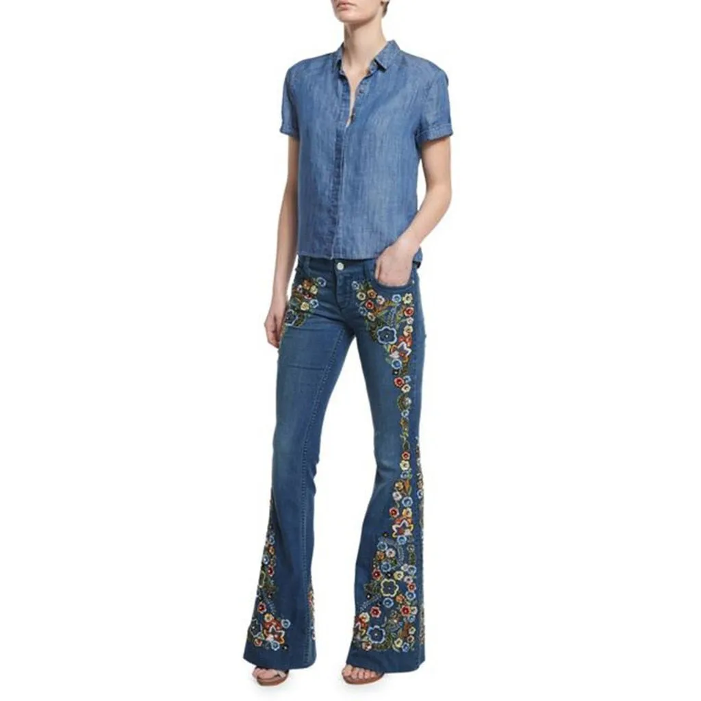 Funki Buys | Pants | Women's Boho Hippy Flared Flower Jeans