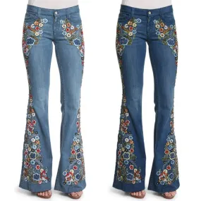 Funki Buys | Pants | Women's Boho Hippy Flared Flower Jeans