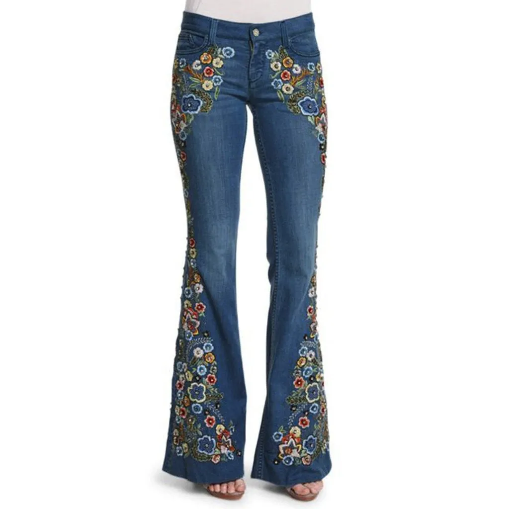 Funki Buys | Pants | Women's Boho Hippy Flared Flower Jeans