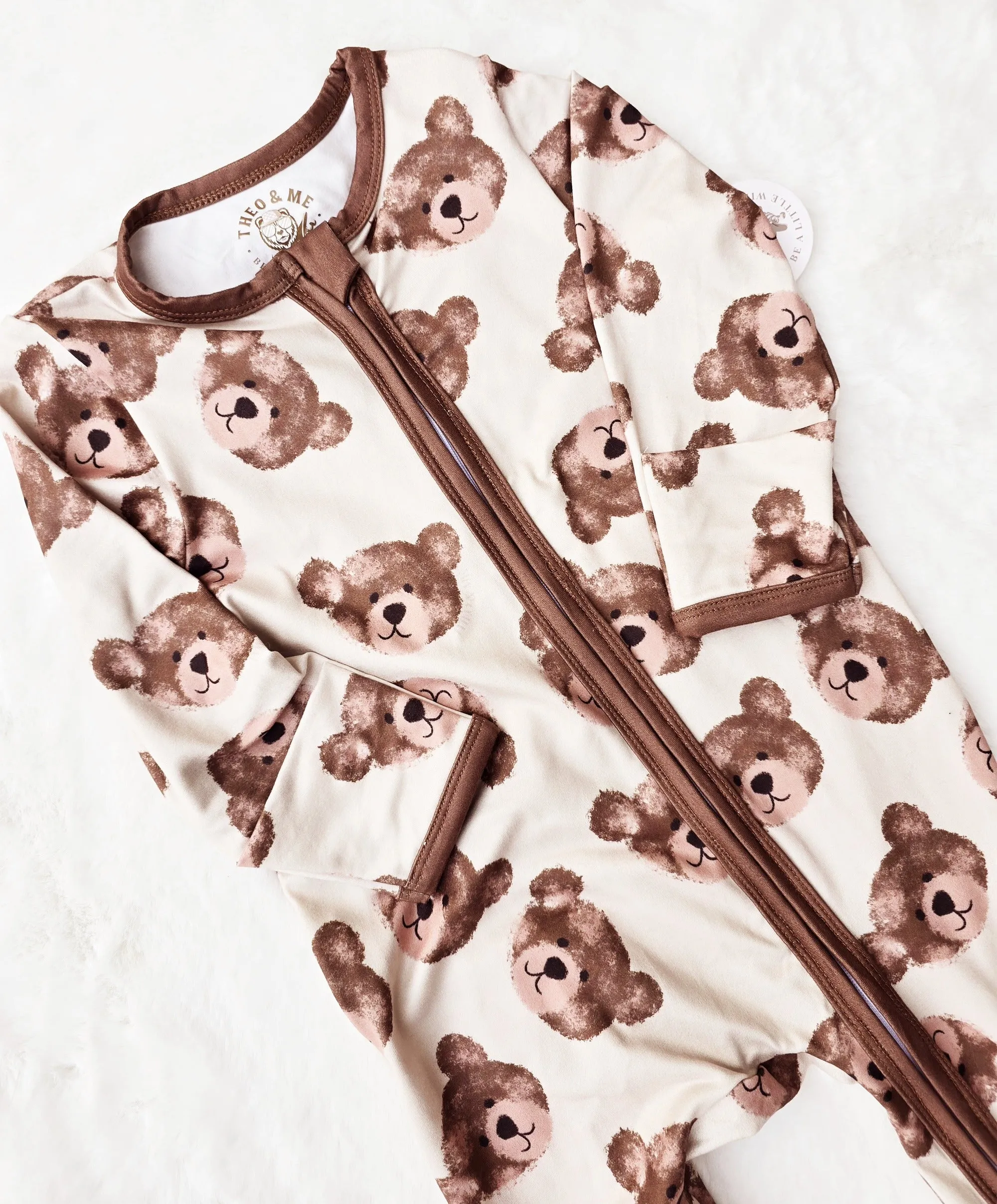 Gender Neutral Double Zipper Soft Sleepers - Brown Teddy Bear