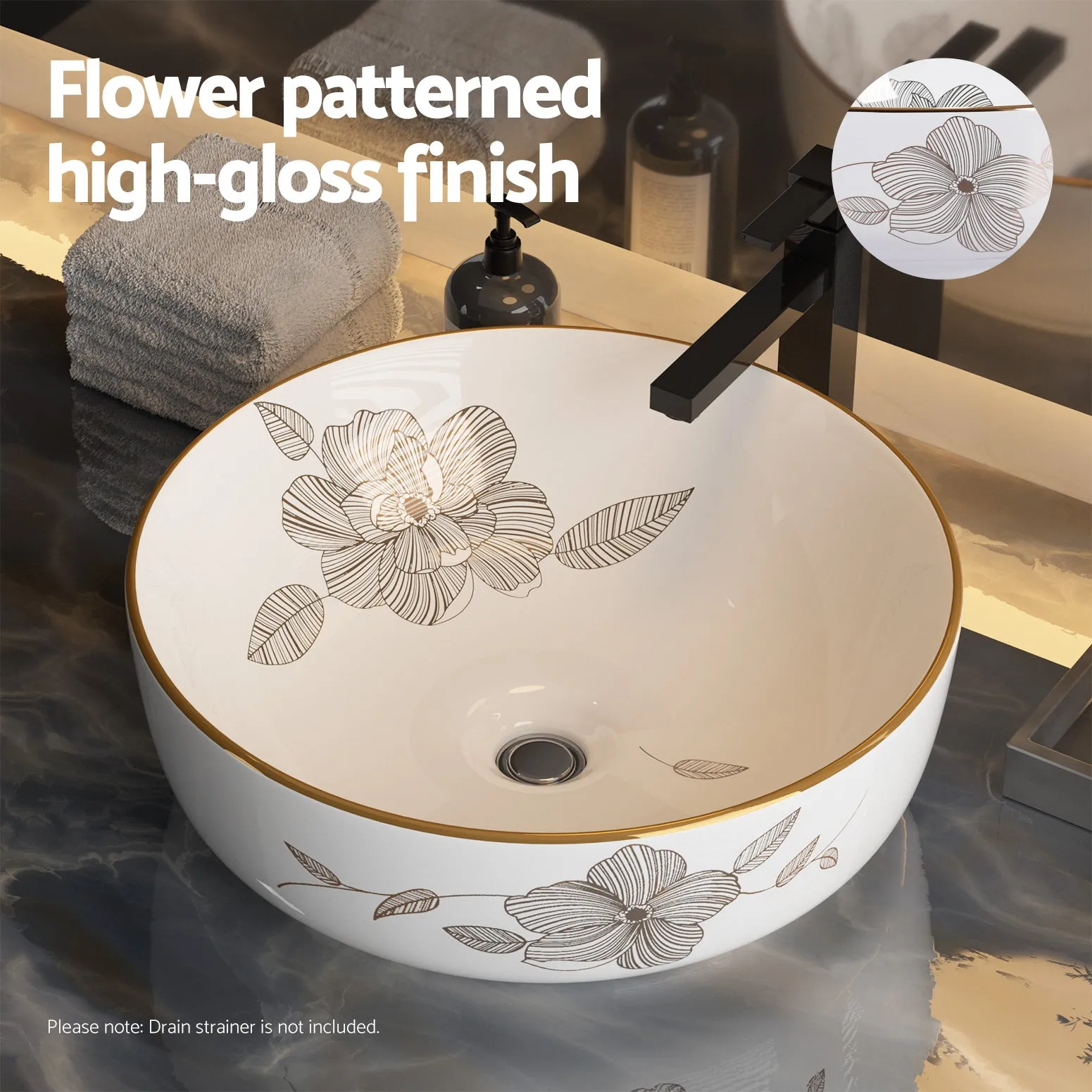 Gold Ceramic Bathroom Vanity Basin, Flower Pattern - Cefito