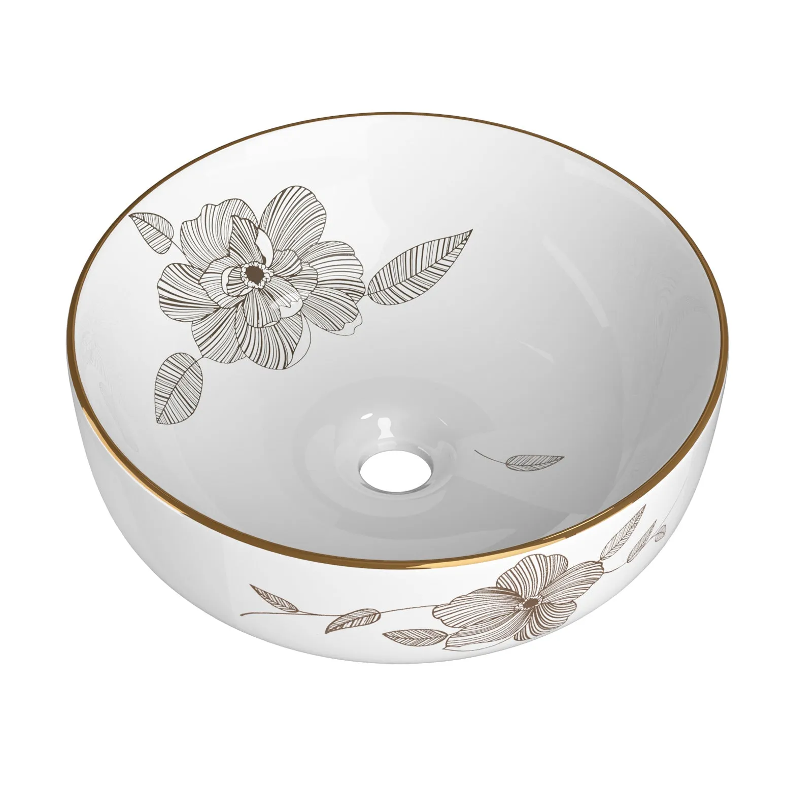 Gold Ceramic Bathroom Vanity Basin, Flower Pattern - Cefito