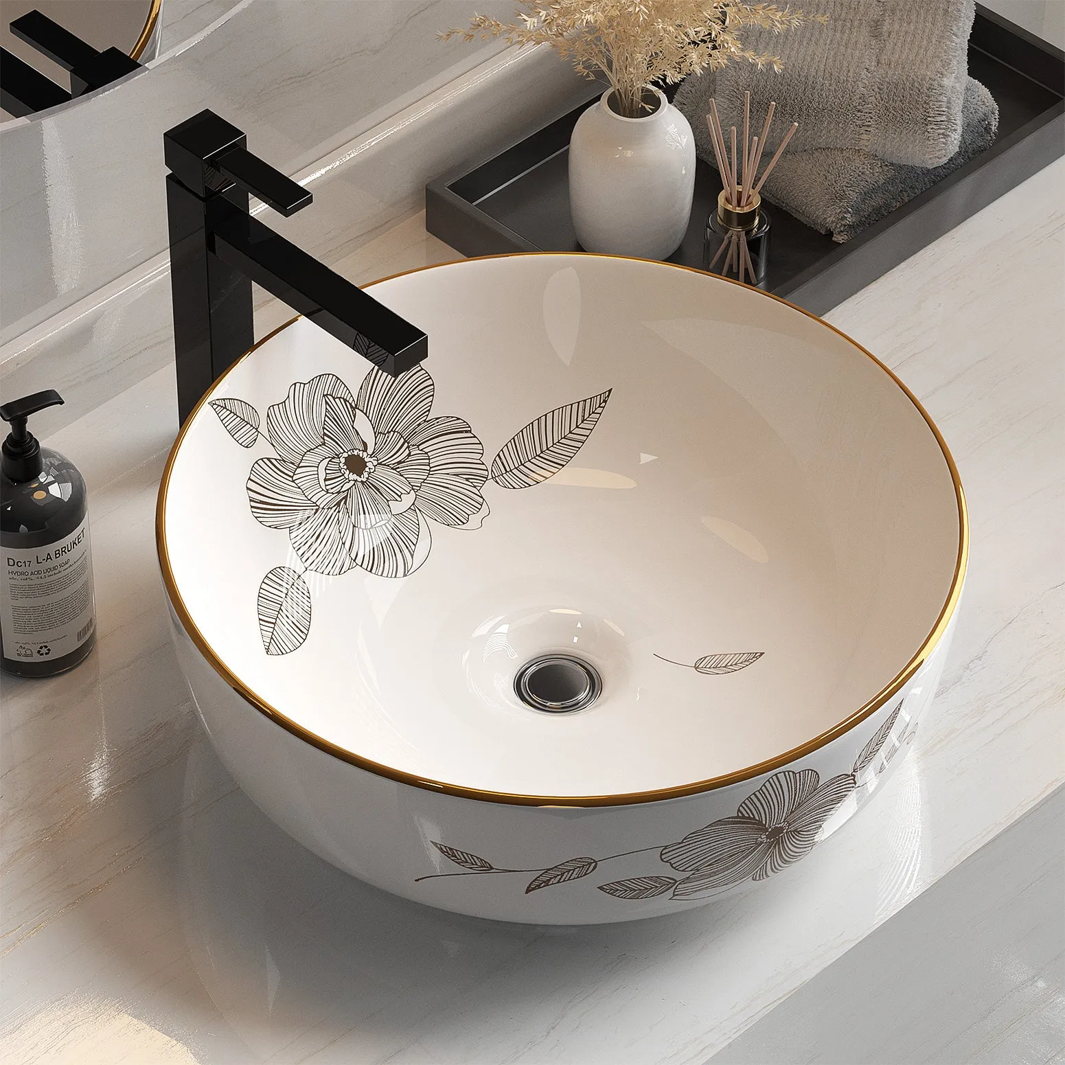 Gold Ceramic Bathroom Vanity Basin, Flower Pattern - Cefito