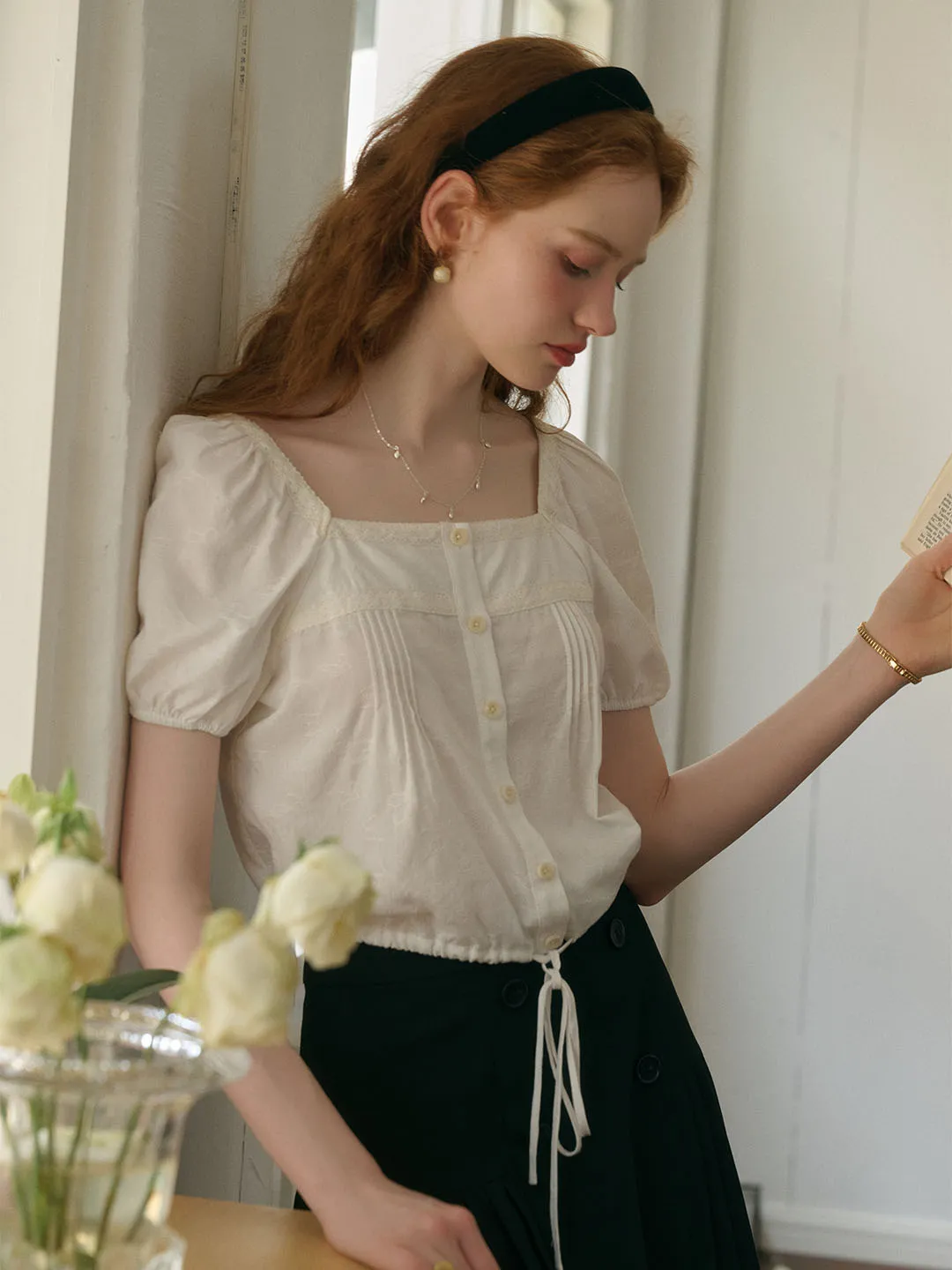 Haisley Lace Square Neck Butterfly Jacquard Puff Sleeve Blouse