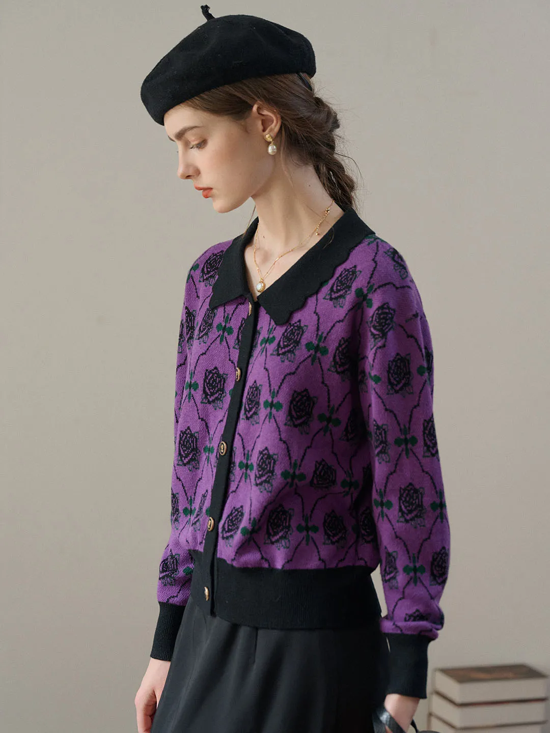 Hannah Floral Pattern Contrast Trim Cardigan-Purple