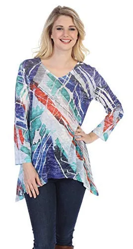 Jess n Jane Kairos V-Neck Lightweight Sharkbite Hem Sublimation Burnout Tunic